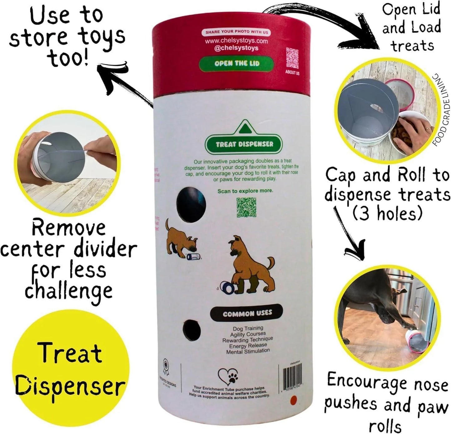 Chelsy'S Toys 3 in 1 Enrichment Tube for Dogs Tug Toy Treat Dispenser & Snuffle Ball Durable Rope Dog Toy Interactive Dog Treat Puzzle for Large Dogs & Puppies (Lavander)